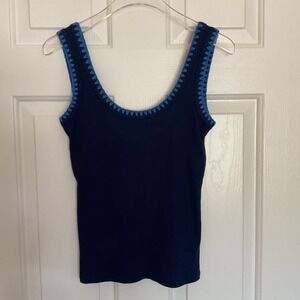 J.Crew Womens XXS Blanket-stitch Ribbed Tank Top Blue Trim Sleeveless Casual NWT
